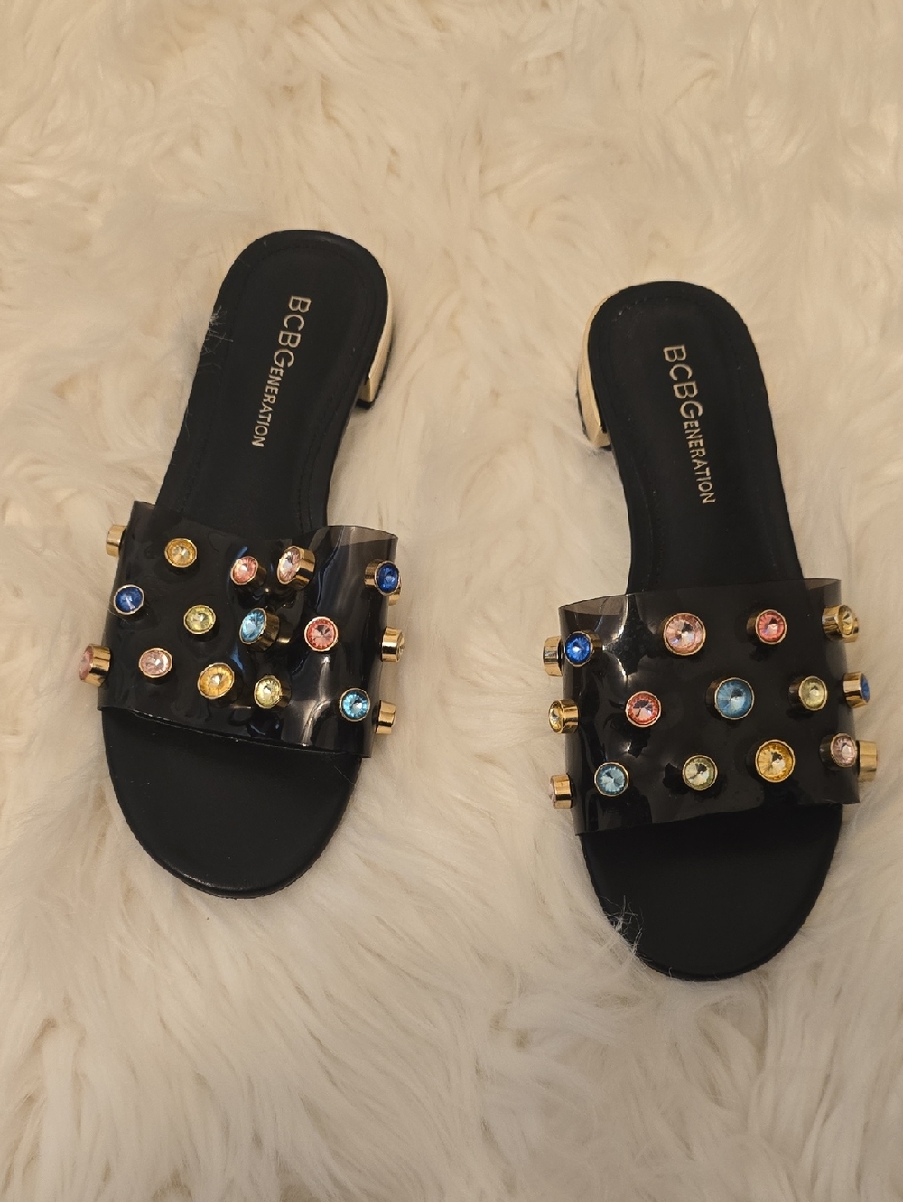 BCBGeneration Black Slide Sandals with Multicolored Gem Studs